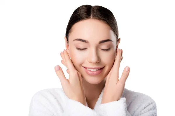 Attractive Smiling Woman Bathrobe Eyes Closed Touching Face Isolated White — Stock Photo, Image