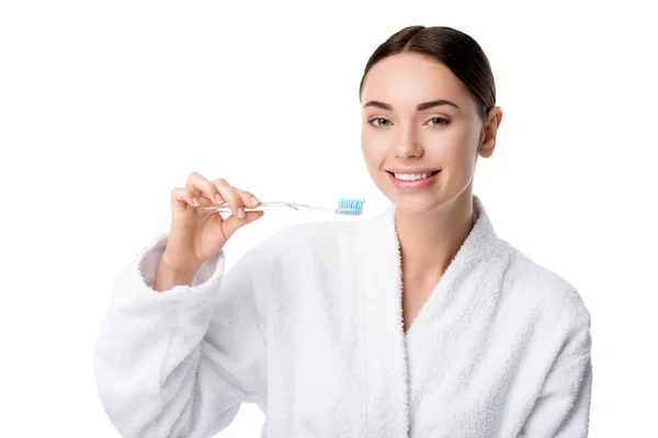 Smiling Woman White Bathrobe Holding Toothbrush Looking Camera Isolated White — Stock Photo, Image