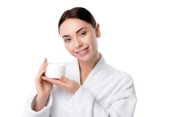 Beautiful Woman Bathrobe Holding Face Cream Looking Camera Isolated White — Stock Photo, Image