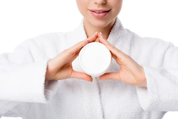 Partial View Woman Bathrobe Holding Face Cream Isolated White — Stock Photo, Image