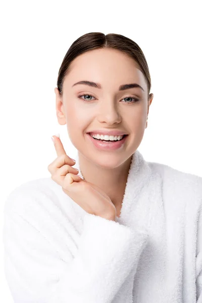 Beautiful Smiling Woman Bathrobe Face Cream Hand Looking Camera Isolated — Stock Photo, Image