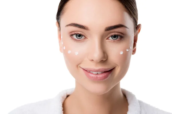 Attractive Woman Eye Cream Face Looking Camera Isolated White — Stock Photo, Image