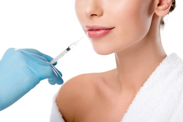 Cropped View Doctor Latex Glove Giving Lip Injection Syringe Woman — Stock Photo, Image