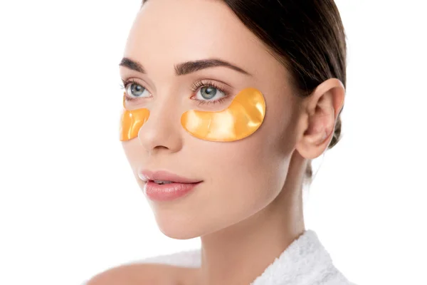 Attractive Woman Golden Eye Patches Isolated White — Stock Photo, Image