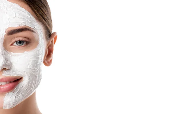 Cropped View Smiling Woman Facial Skin Care Mask Isolated White — Stock Photo, Image