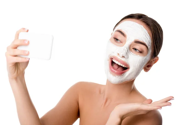 Happy Woman Facial Skin Care Mask Taking Selfie Smartphone Isolated — Stock Photo, Image