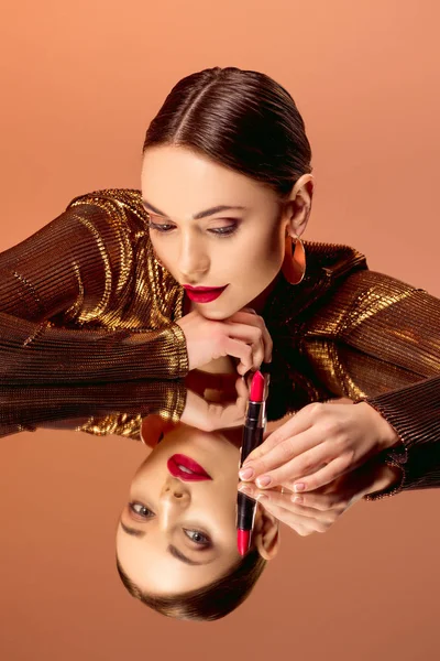 Beautiful Woman Glamorous Makeup Holding Red Lipstick Posing Mirror Reflection — Stock Photo, Image
