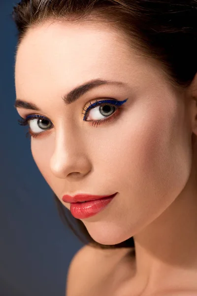 Selective Focus Beautiful Woman Glamorous Makeup Looking Camera Isolated Blue — Stock Photo, Image