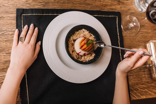 Top View Female Hand Holding Spoon Sweet Dessert — Stock Photo, Image