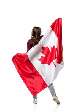 arkadan görünüşü Kanada bayrağı üzerinde beyaz izole tutan kadın