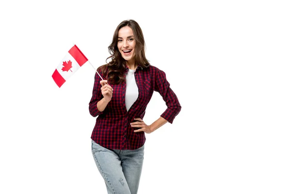 Beautiful Woman Holding Canadian Flag Looking Camera Isolated White — Stock Photo, Image