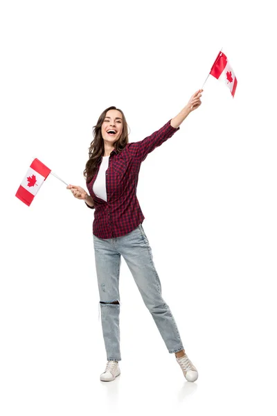Mulher Alegre Segurando Bandeiras Canadenses Isolado Branco — Fotografia de Stock