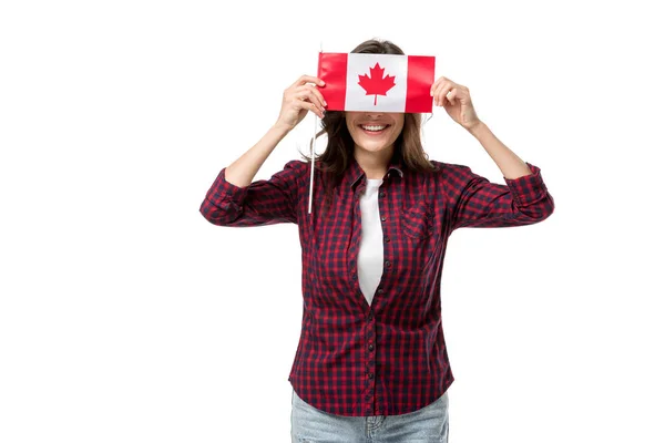 Kanada Bayrağı Önünde Beyaz Izole Yüz Tutan Kadın — Stok fotoğraf