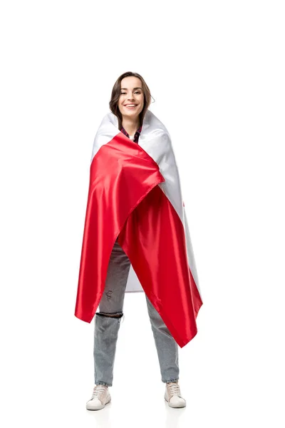 Mulher Sorridente Coberta Bandeira Canadense Isolada Branco — Fotografia de Stock