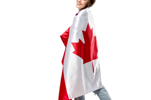 Vista Cortada Mulher Coberta Bandeira Canadense Isolada Branco — Fotografia de Stock