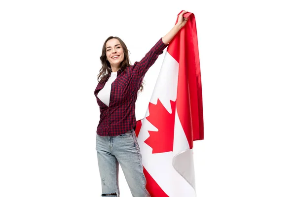 Mujer Feliz Ropa Casual Sosteniendo Bandera Canadiense Aislado Blanco —  Fotos de Stock