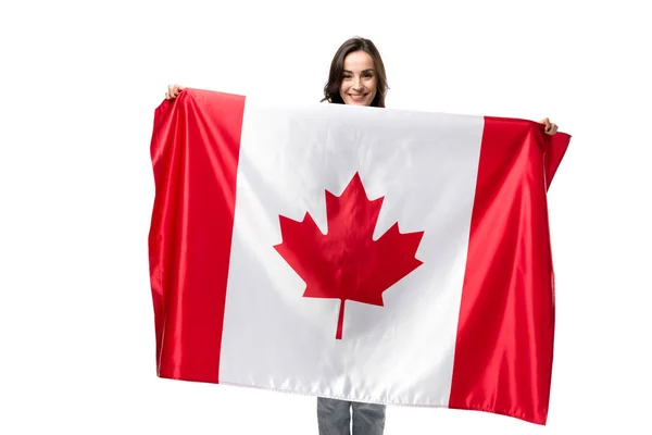Kanada Bayrağı Üzerinde Beyaz Izole Tutan Gülümseyen Kadın — Stok fotoğraf