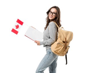 happy female student with backpack holding canadian flag and notebook isolated on white clipart