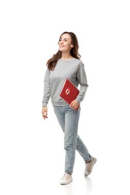 female student holding red notebook with maple leaf sticker isolated on white clipart