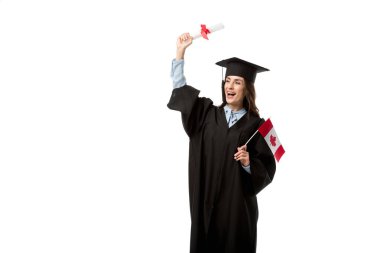 female student in academic gown cheering and holding canadian flag with diploma isolated on white clipart