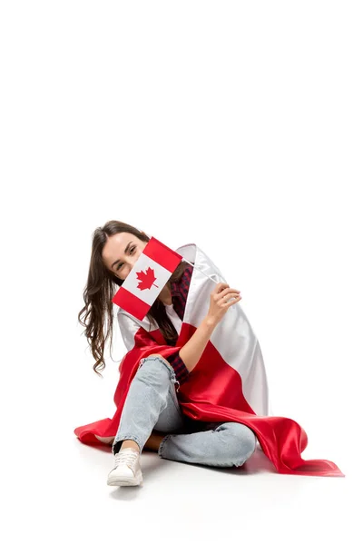 Woman Covered Canadian Flag Holding Maple Leaf Flag Front Face — Stock Photo, Image