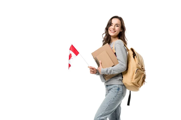 Happy Female Student Backpack Notebooks Looking Camera While Holding Canadian — Stock Photo, Image