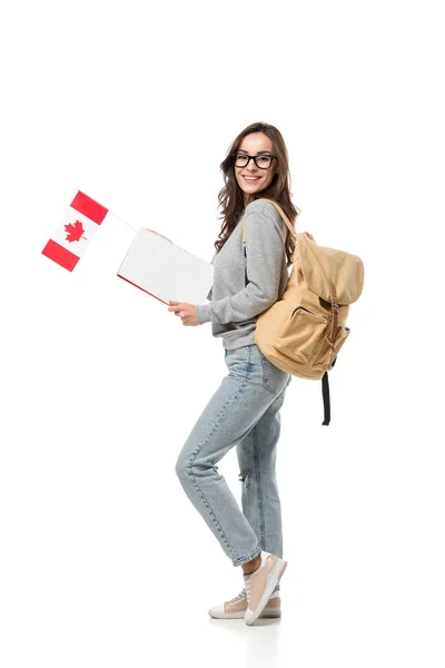 Kobiet Student Plecaka Trzymając Flagi Kanady Białym Tle Notebook — Zdjęcie stockowe