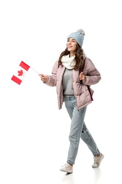 Estudante Sorrindo Feminino Roupas Inverno Com Bandeira Canadense Isolada Branco — Fotografia de Stock