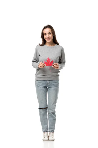 Beautiful Woman Casual Clothes Looking Camera Holding Maple Leaf Isolated — Stock Photo, Image
