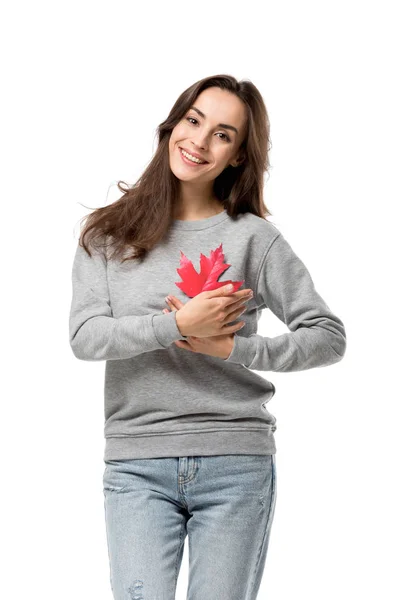 Beautiful Smiling Woman Casual Clothes Holding Maple Leaf Isolated White — Stock Photo, Image