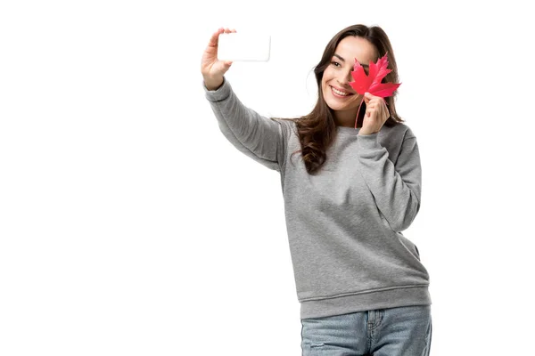 Woman Casual Clothes Holding Maple Leaf Taking Selfie Smartphone Isolated — Stock Photo, Image