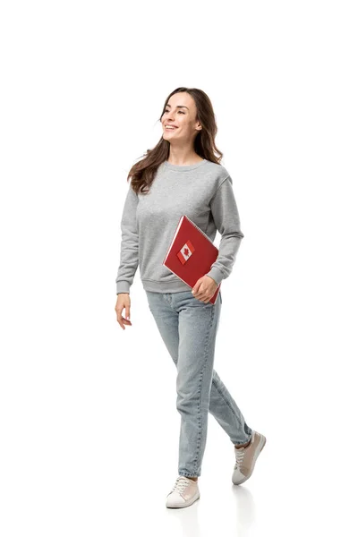 Female Student Holding Red Notebook Maple Leaf Sticker Isolated White — Stock Photo, Image