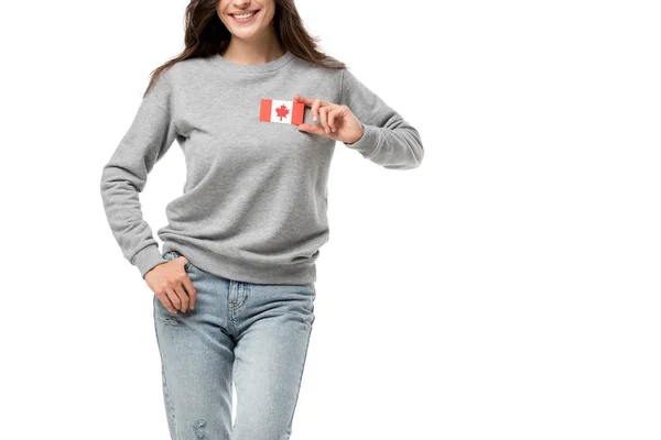 Beyaz Izole Kanada Bayrağı Rozeti Ile Gülümseyen Kadın Kısmi Görünümünü — Stok fotoğraf