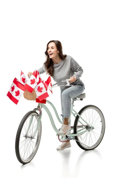 Mulher Feliz Andando Bicicleta Vintage Com Bandeiras Canadenses Isoladas Branco — Fotografia de Stock