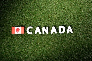 sözcüğün 'Kanada' Kanada bayrağı ile yeşil çim zemin üzerine üstten görünüm