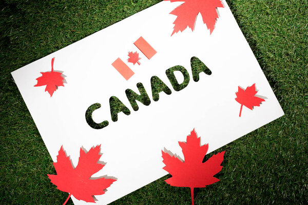 белая доска с вырезанным словом "Канада" на зеленом фоне травы с кленовыми листьями и флагом Канады
