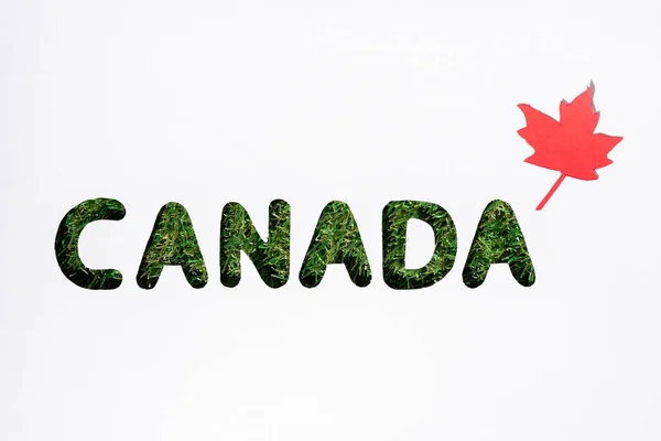 カエデの葉の白い背景の上の カナダ 単語をカット ボード — ストック写真