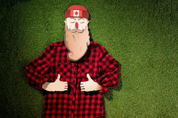 cardboard man in plaid shirt and hat showing thumbs up signs on green grass background