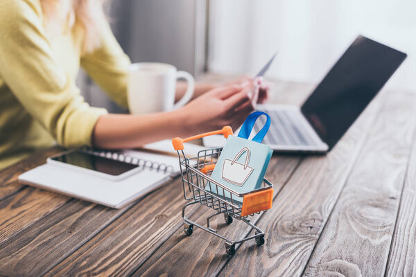 selective focus of small shopping bag in shopping trolley with woman using laptop on background