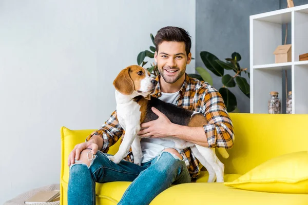 Bonito Sorrindo Homem Sentado Sofá Com Beagle Cão — Fotografia de Stock