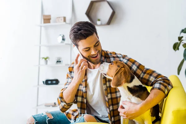 ハンサムな笑みを浮かべて男のスマート フォンの話と犬を見て — ストック写真