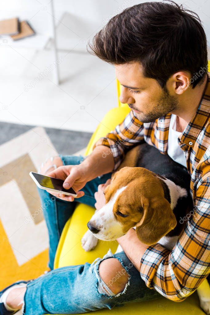 handsome young man using smartphone while sitting on sofa with beagle dog