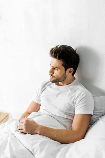 Handsome Pensive Man Lying Bed Morning — Stock Photo, Image