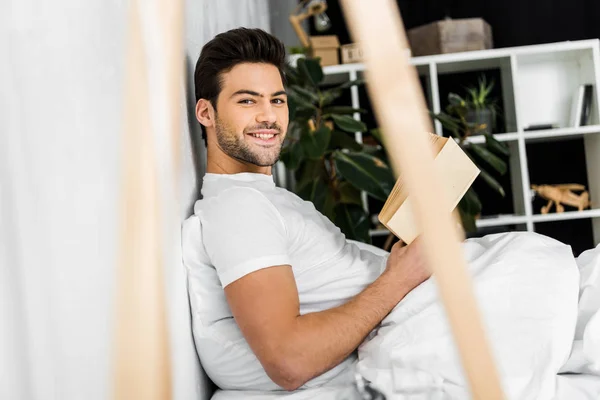 Happy Young Man Book Bed Morning — Stock Photo, Image