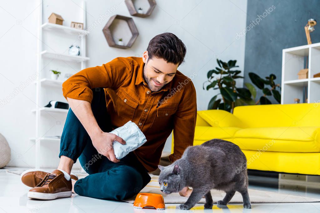happy young man feeding grey british shorthair cat at home