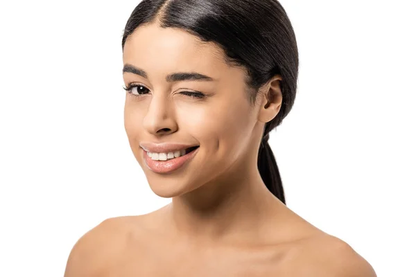 Beautiful Naked Brunette African American Girl Winking Camera Isolated White — Stock Photo, Image