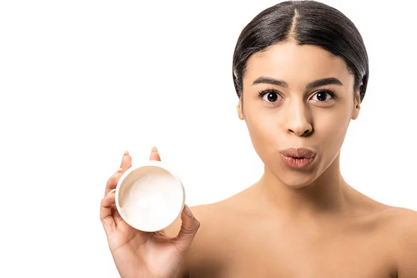Surprised Young African American Woman Holding Container Cream Looking Camera — Stock Photo, Image