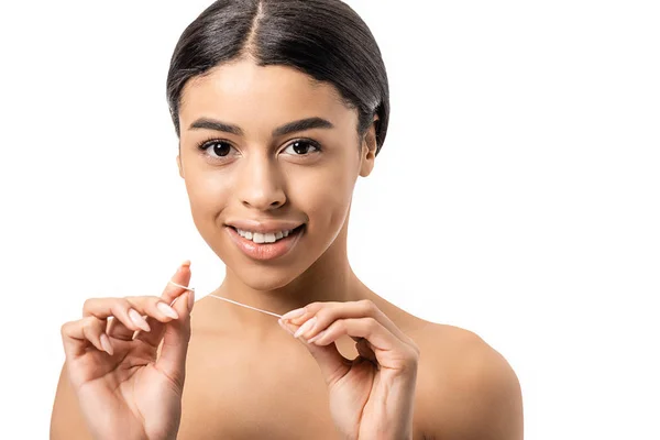 Beautiful Young Naked African American Woman Holding Dental Floss Smiling — Stock Photo, Image