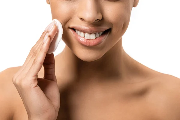 Cropped Shot Smiling Young African American Woman Cleaning Face Cotton — Stock Photo, Image