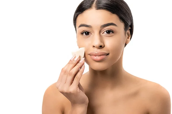 Attractive Young Naked African American Woman Holding Makeup Sponge Smiling — Stock Photo, Image